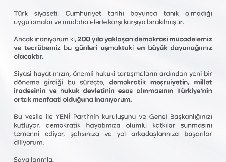 Sayın Özgür Özel @eczozgurozel, YENİ Parti’nin kuruluşunu ve Genel Başkanlığınızı kutluyor, demokratik...